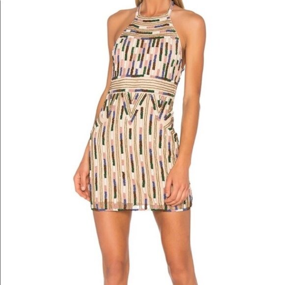 NWT NBD Paris Kendra Aztec Beaded Halter Mini Dress S MSRP $328 - Picture 4 of 12